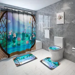 Banyo Paspasları Banyo Halı Mat Geleneksel Çince Baskılı Tuvalet Halıları Seti ve Duş Perdeleri 4 PCS Kaymaz Halı Zemin