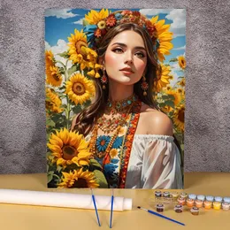 50x70 cm Ukraina farba według liczb słoneczniki dziewczyna rysunek na płótnie na ścianie obrazu kolorowanki cyfry domowe malarstwo 240407