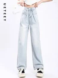 Jeans femminile ueteey blu alta alta cintura larga pantaloni larghi pantaloni streetwear y2k moda 2024 fidanzato piega denim mamma