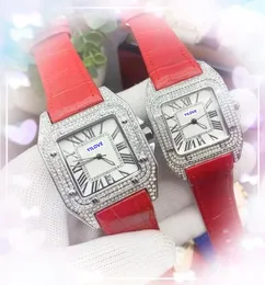 Couple Women's Men's Chronograph Watch Day Date Red Blue Black Cow Leather Belt Clock Quartz Movement Square Roman Tank Diamonds Ring Good Nice Looking Wristwatch Gift