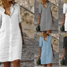 Party Dresses 2024 Loose Lapel Button Sleeve Color Cotton Linen Shirt Vintage Dress Sets Robe Sexy Femme Bluses AVITO