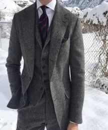 Rustik mörkgrå bröllop tuxedos ull fiskbens tweed smal fit men039s kostym jacka västbyxor gård prom groom klädsel plu8289310