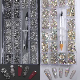 Dekorationer 1000/1100 st nagel Sparkla Glass Rhinestones Multishapes Crystal Diamond och SS4SS20 Flatback Rhinestones with 1pc Pick Up Pen