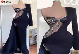 Nowe czarne sukienki wieczorowe syreny pojedyncze jedno ramię długie rękawy 2022 Illusion Frezing Suknie balowe wysokie szczelinowe Crystal Formal Lady9694682