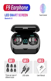 무선 이어폰 Bluetooth V50 F9 TWS 헤드폰 터치 컨트롤 LED 디지털 Hifi 스테레오 이어 버드 2000mAh 파워 뱅크 헤드셋 WI7590089