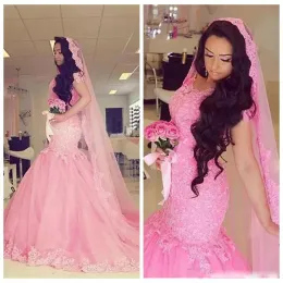 Elbiseler Pembe Dantel Denizkızı Gelinlik 2018 Yaz Kapağı Kollu Gelin Gowns Özel Yapımı Süpürme Tren Afrika Düğün Vestidos Ücretsiz Shipp