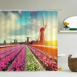 Cortinas de chuveiro Flores Tulipe Windmill Cortina Decoração do banheiro Cenário de ruralidade 3D tecido à prova d'água com tela de ganchos