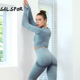Salspor Kadın Fitness Yoga Takım Spor Spor Salonu Uzun Kollu Kalça Pantolon Eğitim 2 adet Set Giysiler Kadın Topluluğu Spor Bisiklet Giyim240325
