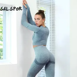 Salspor Women Fitness Yoga kostym Sport Gym Långärmning Höftbyxor Training 2 PC Set Kläder Kvinna Ensemble Sport Cycling Wear240325