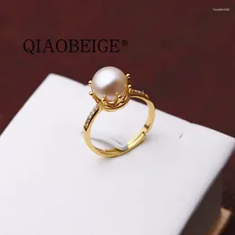 حلقات الكتلة Qiaobeige 925 Sterling Silver Female Models مكعب الزركون لؤلؤة لؤلؤة التاج على شكل حلقة العطلات نتائج المجوهرات المكونات