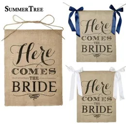 Party Decoration Here Comes The Bride Sign Burlap Banner With Navy Blue Ribbons Wedding Ceremony Flag Rustic Theme 15 X 20 Inches