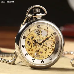 Gümüş el sarma tam çelik cep saatleri moda benzersiz iskelet şeffaf mekanik saat fob zinciri 240327