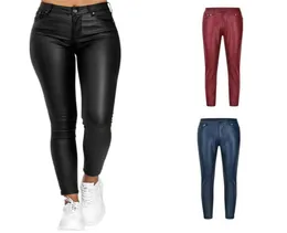 Women039s Hosen Capris Frauen Feste Farben Leggings hohe Taille Nahtäubige Hosen mit Taschen pu Leather S m l xl xxl3885598