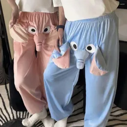 Women's Sleepwear Winter Couple Pajamas Pants Funny Cartoon Elephant Decor Elastic Waist Thick Plush Warm Unisex Homewear Long Trousers