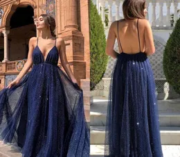 2021 Arabiska Dubai Sparkly Sexy Navy Blue Aline Prom klänningar Deep Vneck Backless paljetter Formella kvällsfestklänningar Ogstuff Robe 6716341