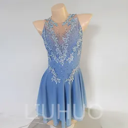 Liuhuo Anpassa färger Figur Skating Dress Girls Skating Dance Skirt Kvalitet Kristaller Stretchy Spandex Dancewear Ballet Blue BD1655