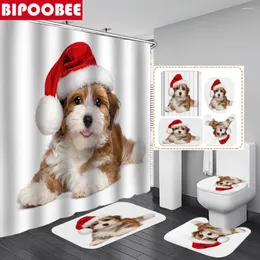 Duş perdeleri sevimli köpek yavrusu giyiyor Noel şapkası perde su geçirmez polyester banyo banyo paspasları halı tuvalet kapağı Noel dekor