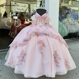 Attachable Flowers Prints V-Neck Quinceanera Dresses Ball Gown Spaghetti Straps Sleeves Quince Dresses Princess Formal Gowns With Beading Pearls Embroidery Lace