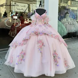 Bindbare Blumen Drucke V-Ausschnitt Quinceanera Kleider Ballkleid Spaghetti-Träger Ärmel Quitten Kleider Prinzessin Formale Kleider mit Perlenperlen Stickspitze