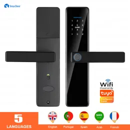 Lock Smardeer Lock de porta eletrônica Tuya Smart Lock com 5in1 de bloqueio de impressão digital Entrada sem chave via impressão digital/COED/cartão/aplicativo