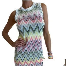 Basic & Casual Dresses Summer Knit Rainbow Striped Womens Mini Dress Sleeveless Hollow Out Work Vestidos Lady Robe Drop Delivery Appa Dhepr