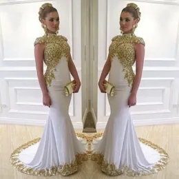 Dresses Muslim Arabic Evening Dress Long Mermaid 2019 High Neck Gold Embroidery Beads Cap Sleeves White Formal Prom Evening Gowns