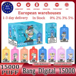 Uzy Bang Digital 15000 Puffs Europejskie magazyny Vape Vaper 15000 15K Puff 15000 Bang Vape E-papierosy 20 ml jednorazowe urządzenia do ładowania pióra Uzyvape