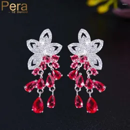 Dangle Earrings Pera Unique Ruby Red Cubic Zirconia Flower Waterdrop CZ Tassel Dangling Drop For Friend Party Jewelry Gift E632