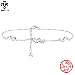 Rinnntin Love Heart Chain Knöcheln für Frauen 925 Sterling Silber Fashion Sommer 14K Gold Fuß Armband Knöchel Straps Schmuck Sa30 240408