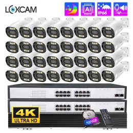 System LOXCAM 32CH 4K CCTV Säkerhetskamerasystem 8MP POE NVR Kit 4K Tvåvägs Audio Outdoor Full Color Night Video Surveillance Camera