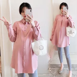 Dresses 6080# Spring Korean Fashion Maternity Blouse Chic Ins Long Sleeve A Line Loose Pink Shirt for Pregnant Women Pregnancy Tops