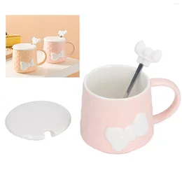 Tassen 400 ml niedliche Bogenknoten Keramik Tee Milch Wasser Tasse Kaffeetasse mit Deckel Edelstahllöffel für Heimfeiertagsgeschenke