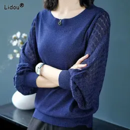 Dresses Office Lady Spring Summer Women's Clothing Lantern Sleeve Oneck Solid Slight Strech Pullovers Hollow Out Long Sleeves Knitwear