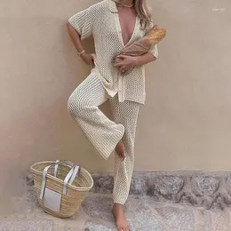 Suimsuit Cover Up Beach 2024 Knitted Hollow Out Cardigan Top Pants Straight Sets a Mesh High-Waist Bottoms Abita sexy Streetwear sexy