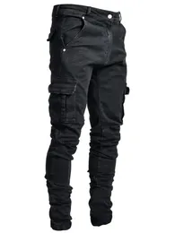 Jeans män svarta lastbyxor multi fickor denim pantalones blå smal fit overol hombre mode casual streetwear byxor 3xl 240403