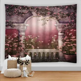 Tapissries Flowers Tapestry Wall Hanging European Arch Dream Forest Mönster Beach Landscape Backdrop Tyg