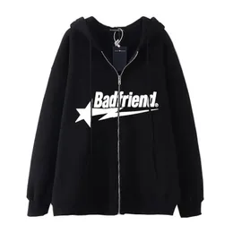 Badfriend Casual Hiphop Zipper Jacket Men 90S Boy Kpop Star Hooded Couple Street Oversize Sweatshirt Ins Vintage American Style 240408