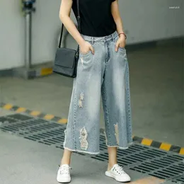 Frauen Jeans sieben Punkte Frauen Sommer dünne hohe Taille losen Weitbein -Jeanshose Weibchen Ripped Vintage Casual Modehosen