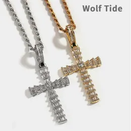 Baguette Cubic Zirconia Cross Necklace Hip Hop Hip Hop Full Iced Out CZ Stone Pendant For Men Real Gold Electropated Copper Punk Rock Bijoux Jewelry Collar