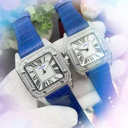 Mens Womens Square Roman Tank Dial Watch Quartz 움직임 시간 시계 Cow 가죽 벨트 커플 사업 레저 다이아몬드 링 브레이슬릿 시계 Montre de Luxe Gifts