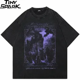 Хип-хоп мыть черная футболка уличная одежда винтажная фиолетовый графический замок ужасов.