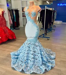 Atemberaubende blaue mermiad prom Kleid mit 3D -Blumen Sheer Mesh Applizes Spitze Schwarzes Mädchen Abendkleid 2024 Rückenfreie formale Party Vestido de Festa Casamento