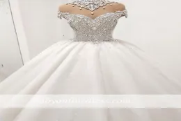 새로운 럭셔리 메이저 비드 크리스탈 하이 넥 라인 웨딩 드레스 2019 캡핑 된 소매 맞춤형 결혼식 신부 가운 9106337