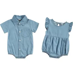 Doğdu bebek kısa kollu kol bodysuit moda düz renk denim playsuit yaz tek parça bir elbise bebek erkek kız