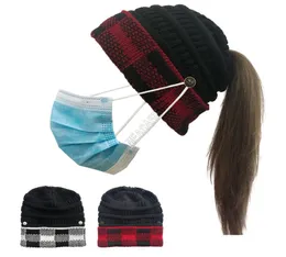 Kvinnor Winter Warm Knit Ponytail Hats Beanies Plaid Cuff Patchwork Crochet Hat With Face Mask -knappdesigners Stickade skalle CAPS D7292355