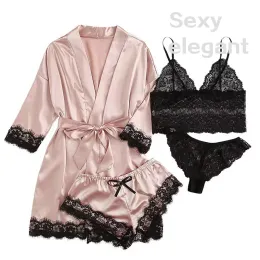 4 Pieces Woman Sleepwear Pajamas Ser With Robe Sexy Lace Lingerie Bathrobe Silk Satin Home Clothed Nightwear Robe 0408