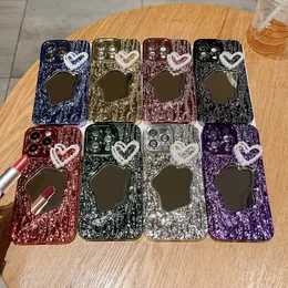 Lüks ayna boncukları kalp aşk vakaları iPhone 15 artı 14 Pro Max 13 12 11 Kaplama Bling Yumuşak TPU Mermer Kaya Taşı Tahıl Krom Metalik Kamera lens Koruyucu Kapaklar