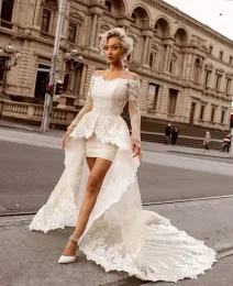 Dresses Lace Short Wedding Dresses with Applique Detachable Train Bridal Gowns Long Sleeves Robe De Marrige