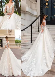 2020 Vestidos de Novia Lace Wedding Dresses Sheer Neck Applique a Line Leng Sleeves Vintage Bridal Gowns Illusion Back Bridal Dres6208102