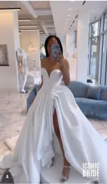 Vestidos 2023 Cetim branco Plus Tamanho Mermaid Vestidos de noiva Sexy High Split Plus Size Bridal Party Daldns for Black Girl Vestidos de Soiree